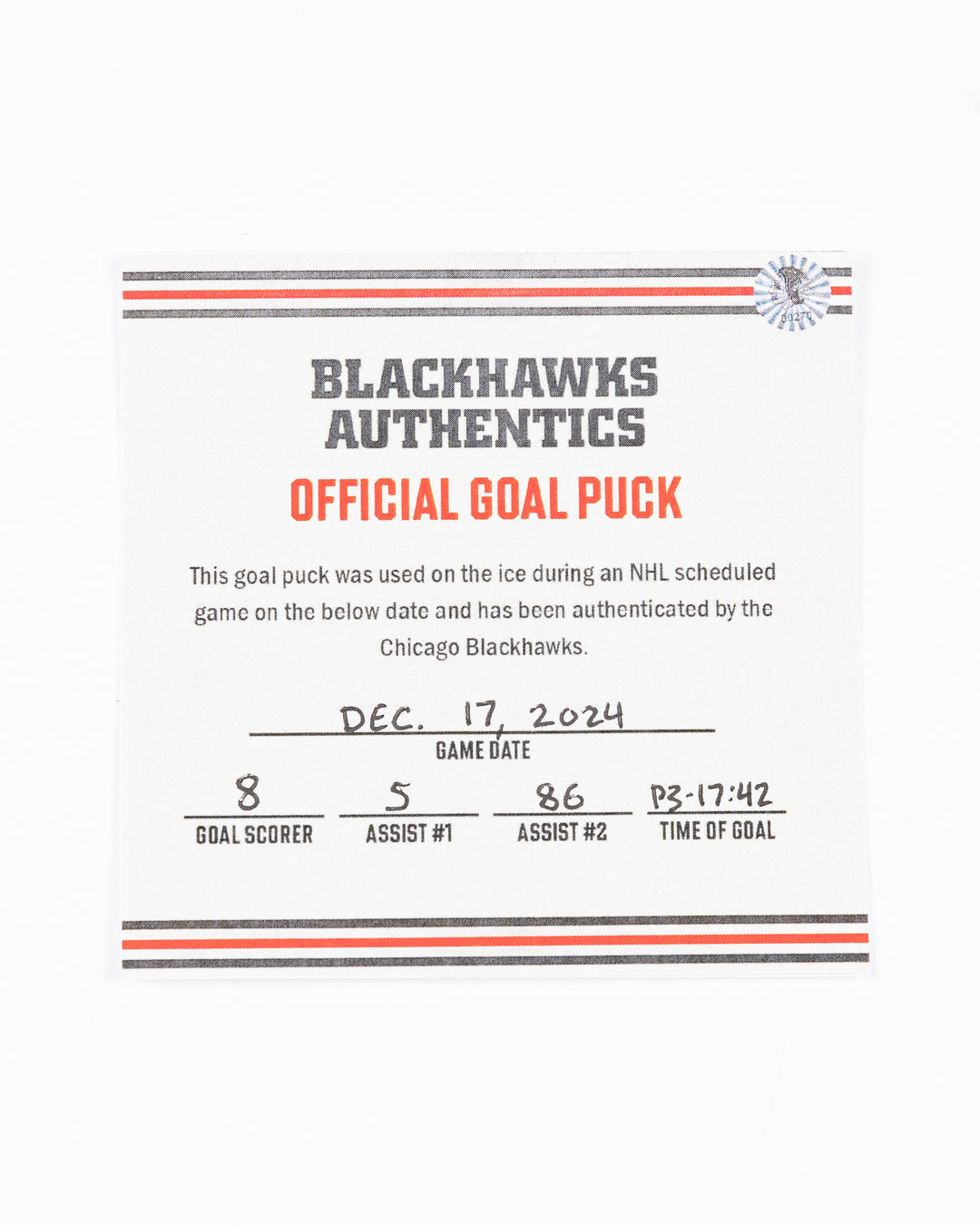 Ryan Donato Game-Used Goal Puck 12/17/24 16648