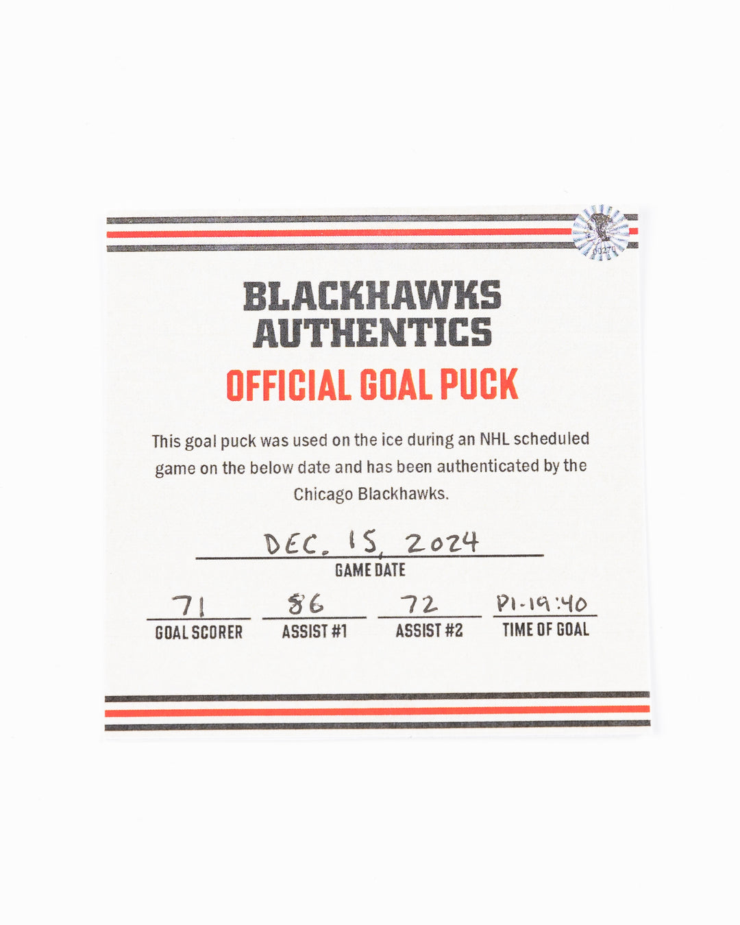 Taylor Hall Game-Used Goal Puck 12/15/24 16629