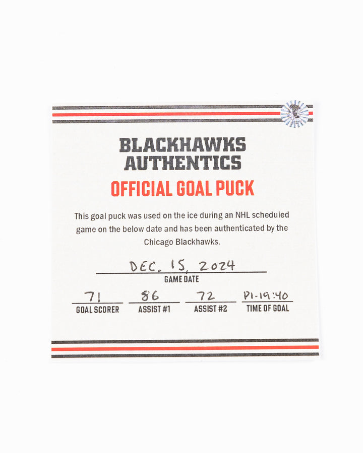 Taylor Hall Game-Used Goal Puck 12/15/24 16629