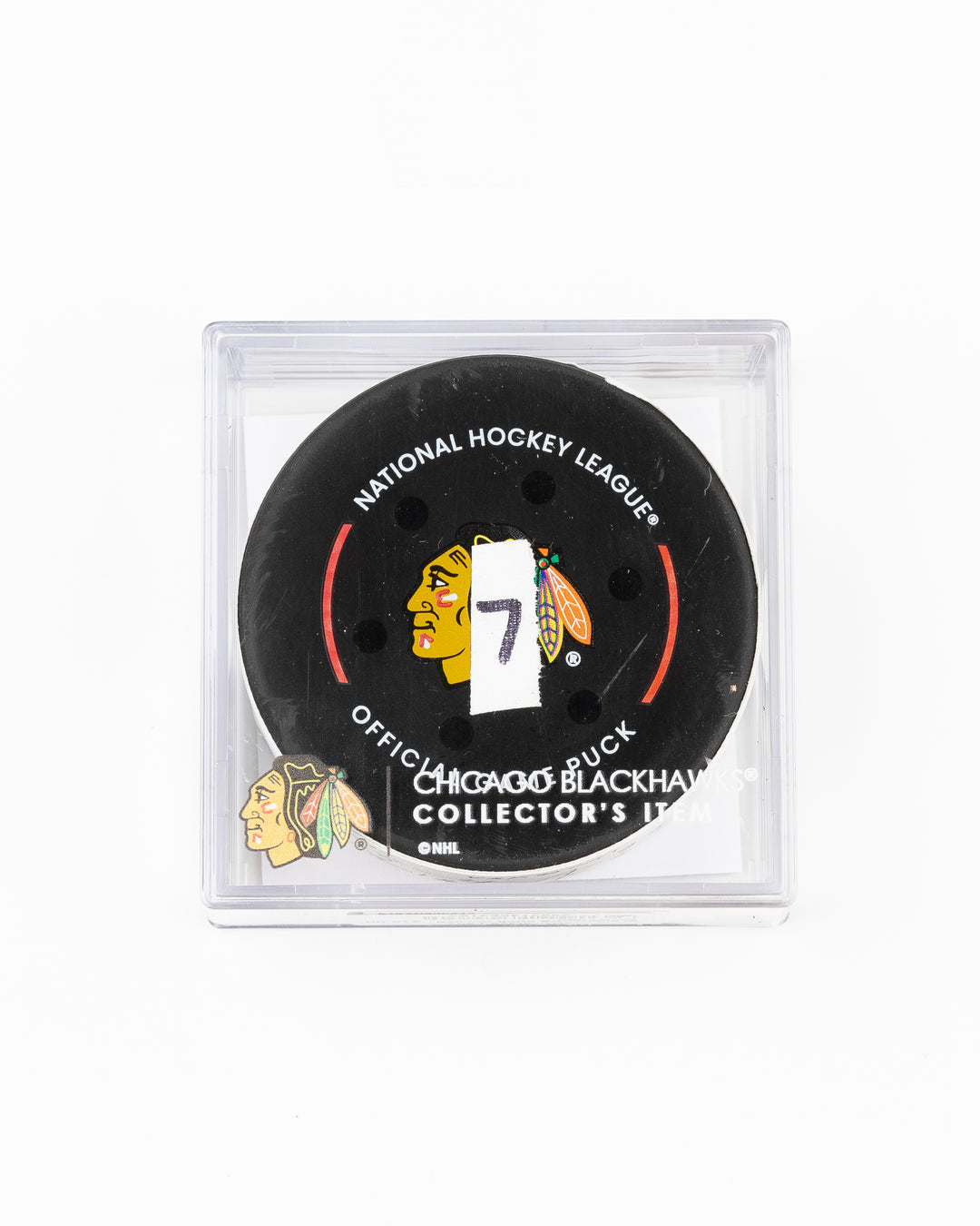 official Chicago Blackhawks game used goal hockey puck scored by Seth Jones against the Vegas Golden Knights on January 18, 2025 - front lay flat in case