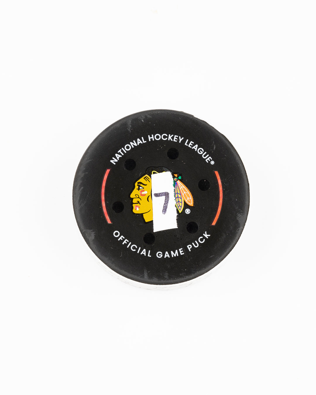 official Chicago Blackhawks game used goal hockey puck scored by Seth Jones against the Vegas Golden Knights on January 18, 2025 - front lay flat