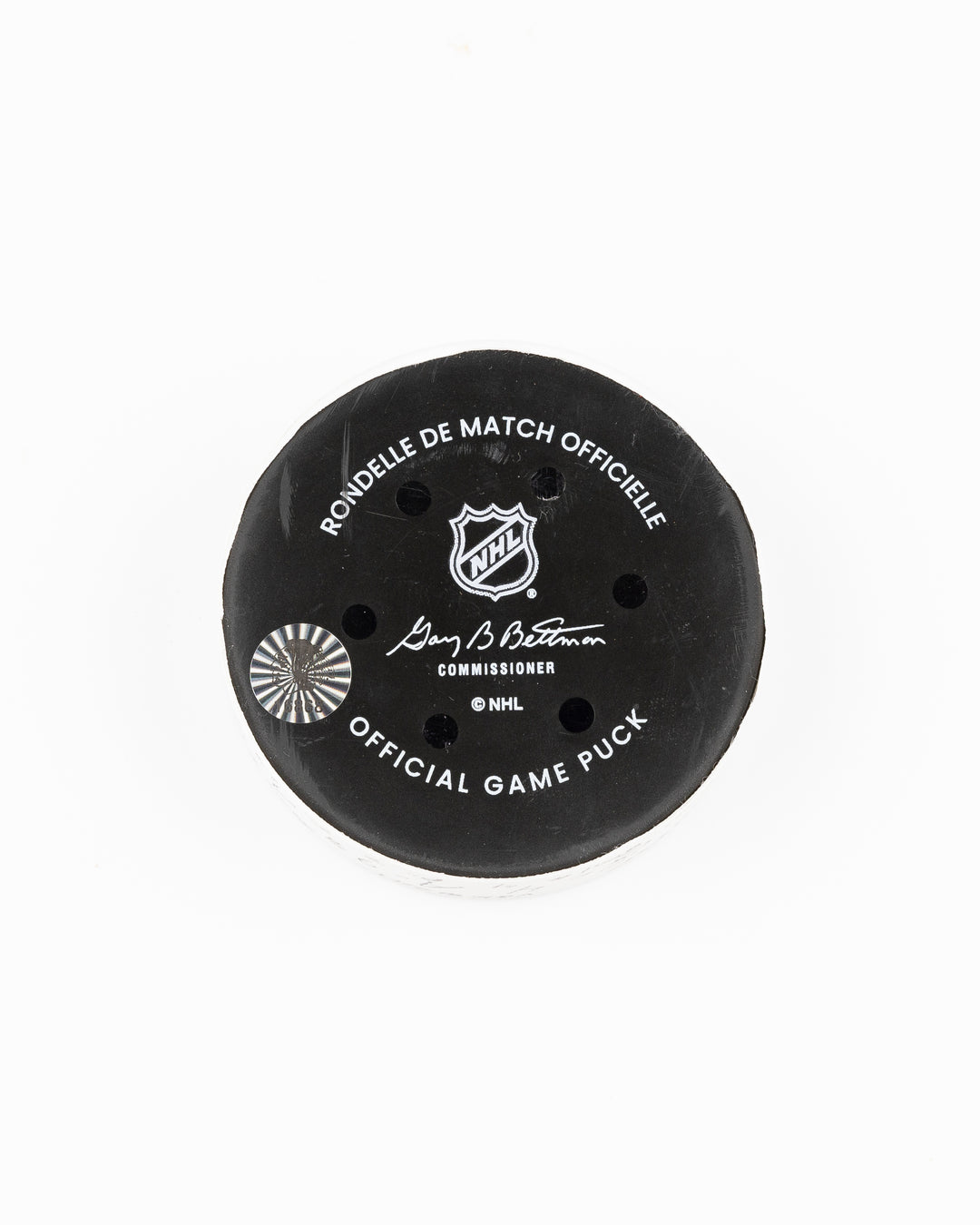official Chicago Blackhawks game used goal hockey puck scored by Seth Jones against the Vegas Golden Knights on January 18, 2025 - back lay flat