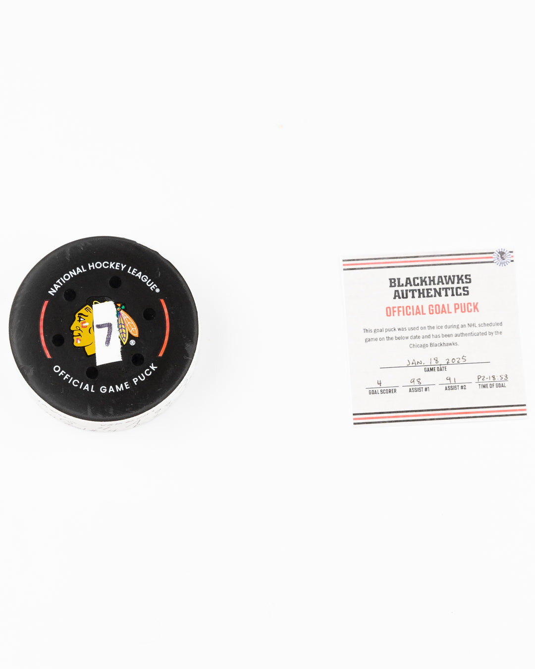official Chicago Blackhawks game used goal hockey puck scored by Seth Jones against the Vegas Golden Knights on January 18, 2025 - front lay flat puck and certificate