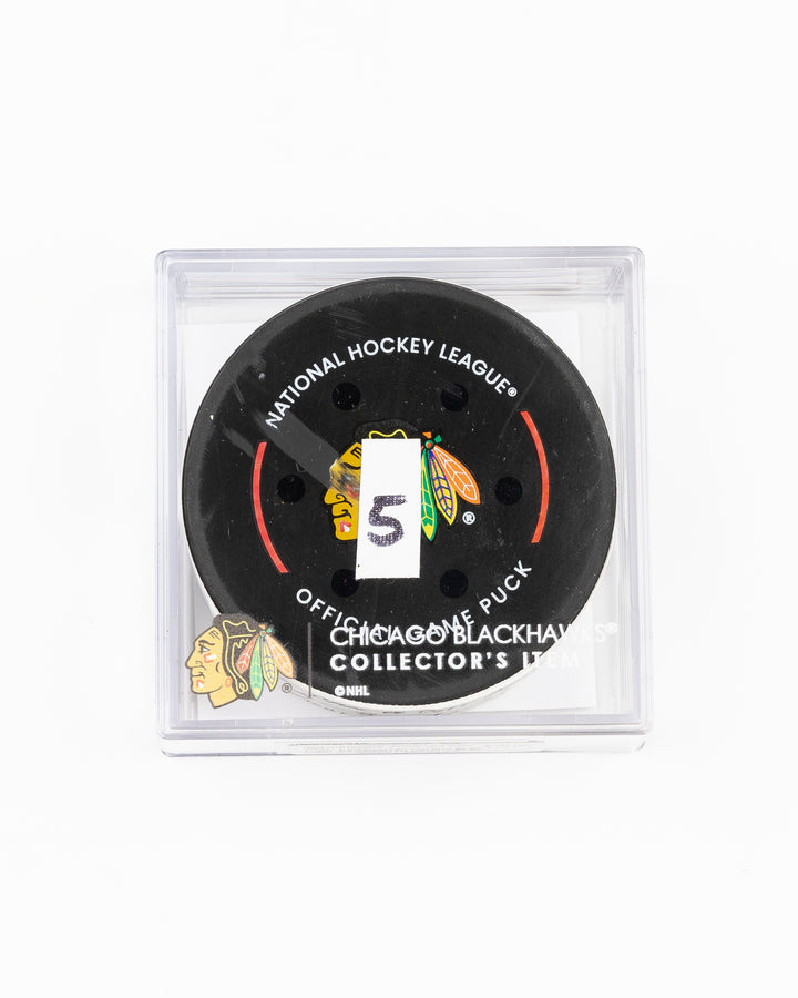 official Chicago Blackhawks game used goal puck scored by Ryan Donato against the Carolina Hurricanes on January 20, 2025 - front lay flat in case
