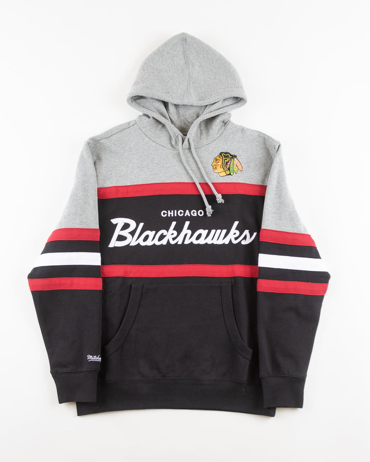Mitchell &amp; Ness grey and black hoodie with Chicago Blackhawks wordmark and primary logo on front - front lay flat