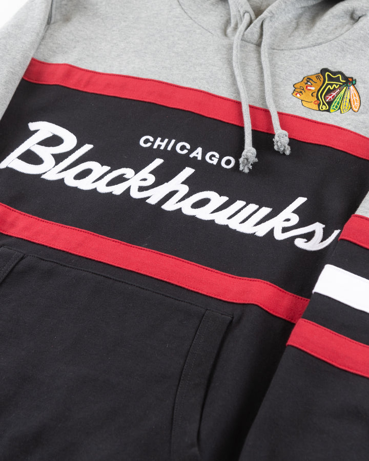 Mitchell &amp; Ness grey and black hoodie with Chicago Blackhawks wordmark and primary logo on front - detail front lay flat