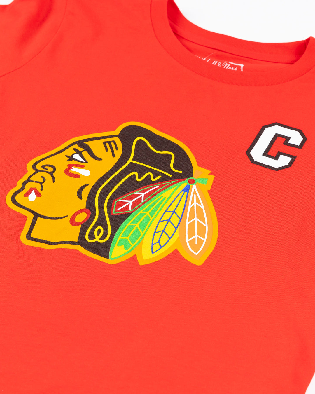 red youth Mitchell &amp; Ness Chelios player tee - front detail lay flat