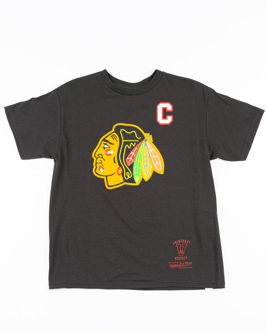 black Mitchell &amp; Ness youth player tee of Chris Chelios inspired by vintage jersesy - front lay flat