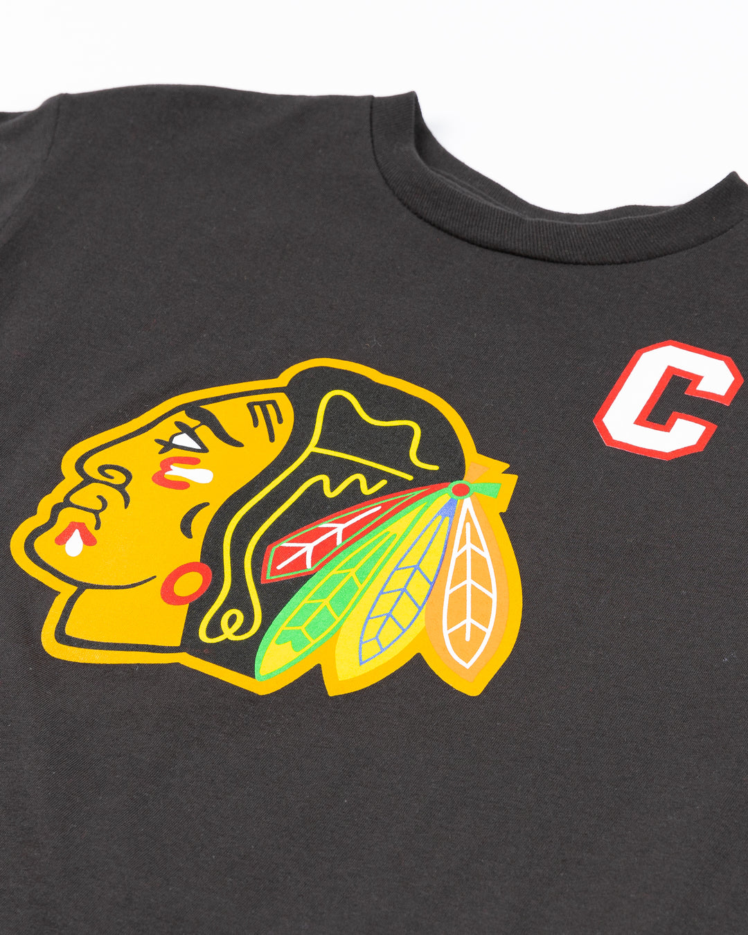 black Mitchell &amp; Ness youth player tee of Chris Chelios inspired by vintage jersesy - front detail lay flat