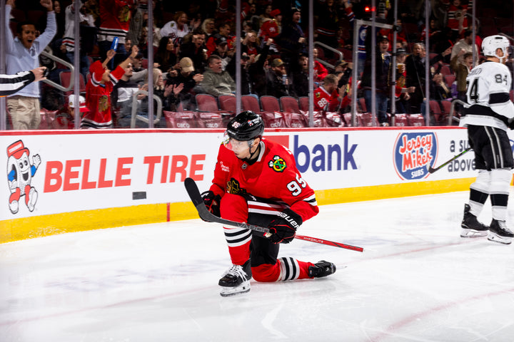 Chicago Blackhawks player Ilya Mikheyev celebrating goal 