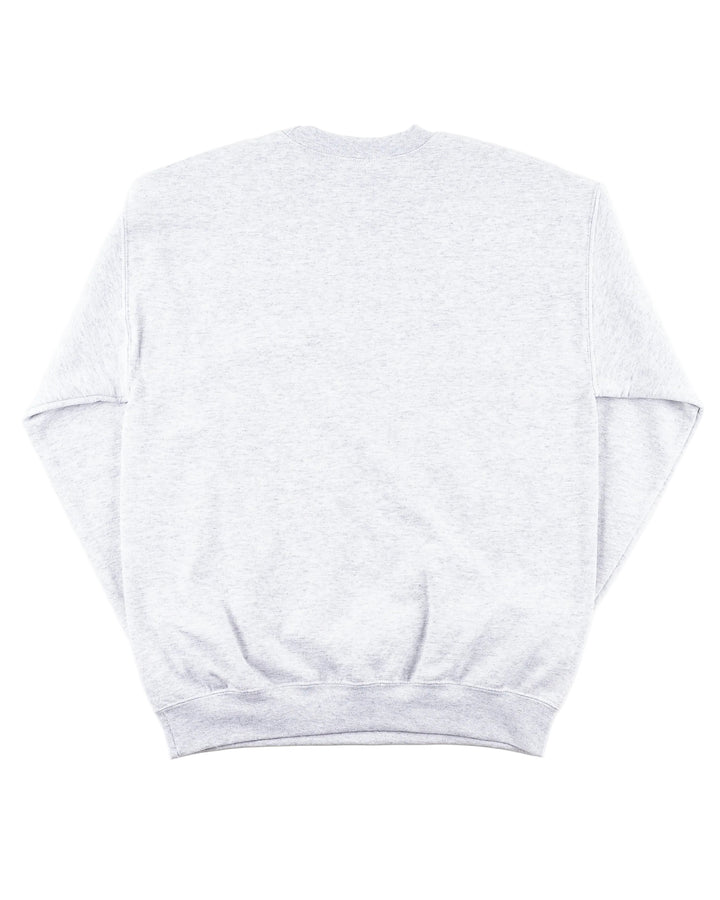 grey Chicago Blackhawks crewneck with wordmark and primary logo on chest and secondary logo on left wrist - back lay flat