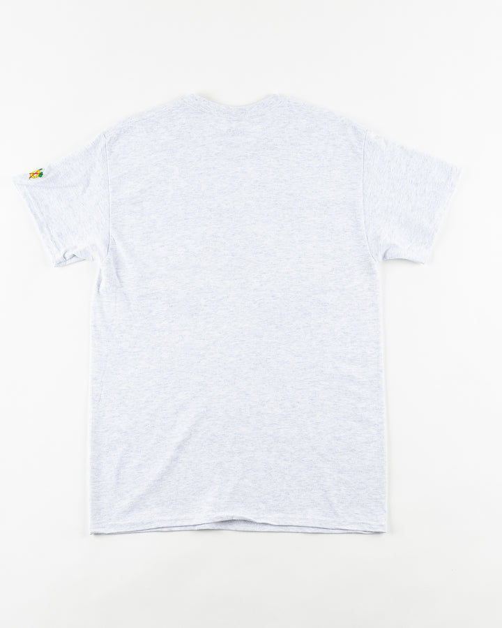 grey Chicago Blackhawks short sleeve tee with wordmark and primary logo on chest and secondary logo on left shoulder - back lay flat