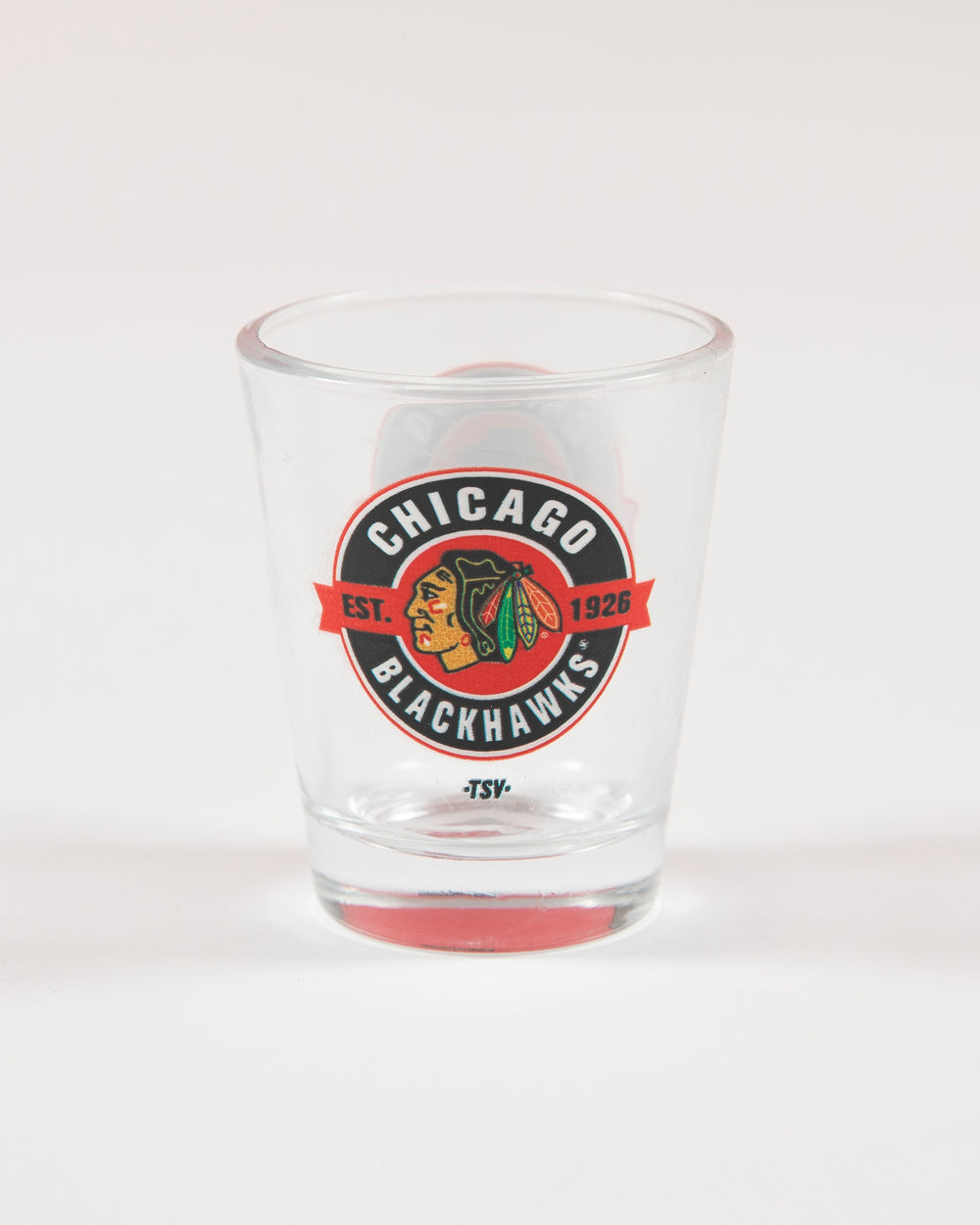 Chicago Blackhawks branded shot glass - back angle