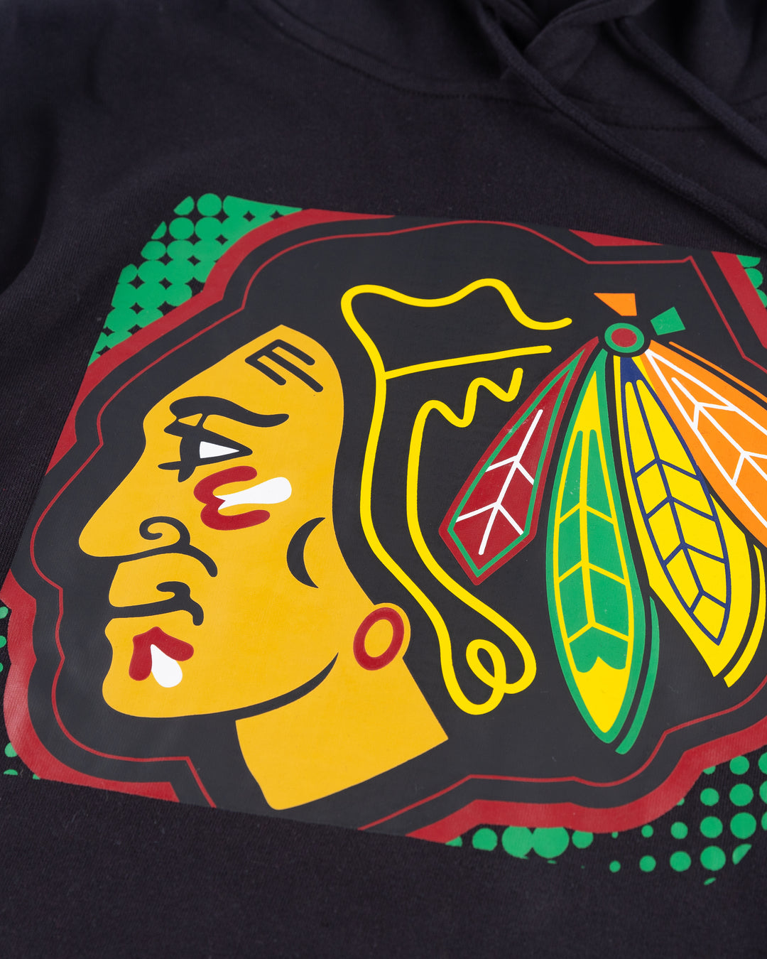 black Mitchell &amp; Ness hoodie with Chicago Blackhawks primary logo across front and Chicago wordmark on left arm - detail front lay flat