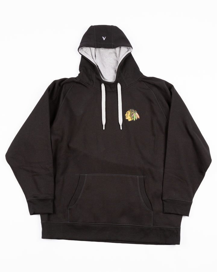 black big &amp; tall Antigua hoodie with embroidered Chicago Blackhawks primary logo on left chest - front lay flat