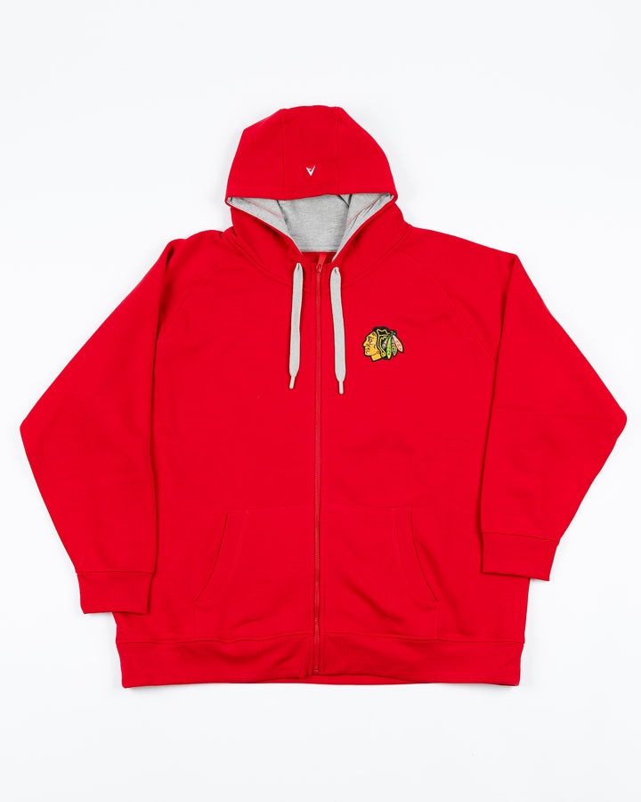 red big &amp; tall Antigua full zip hoodie with embroidered Chicago Blackhawks primary logo on left chest - front lay flat