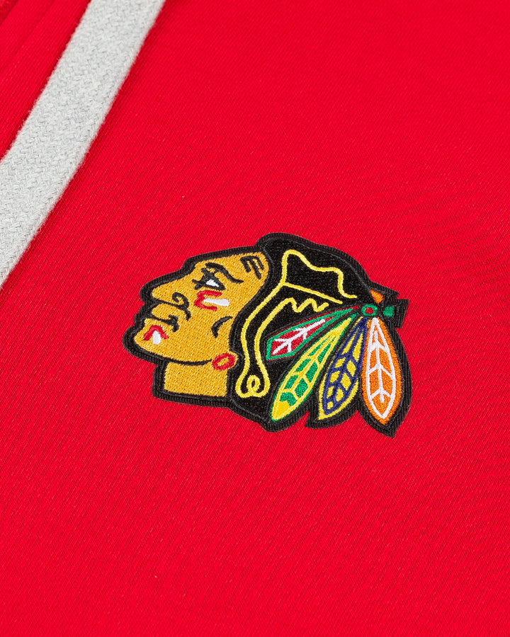red big &amp; tall Antigua full zip hoodie with embroidered Chicago Blackhawks primary logo on left chest - detail lay flat