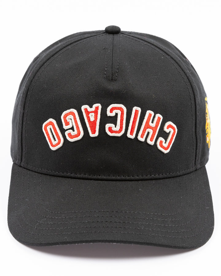black American Needle adjustable Roscoe hat with upside down Chicago wordmark embroidered on front and Chicago Blackhawks primary logo embroidered on left side - front lay flat