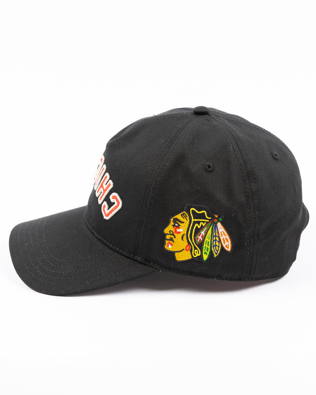 black American Needle adjustable Roscoe hat with upside down Chicago wordmark embroidered on front and Chicago Blackhawks primary logo embroidered on left side - left side lay flat