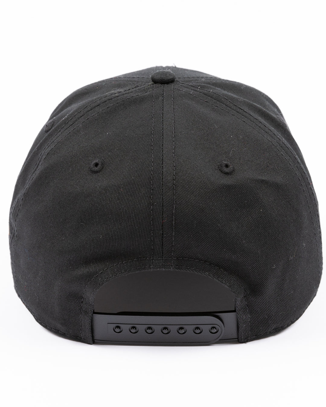 black American Needle adjustable Roscoe hat with upside down Chicago wordmark embroidered on front and Chicago Blackhawks primary logo embroidered on left side - back lay flat