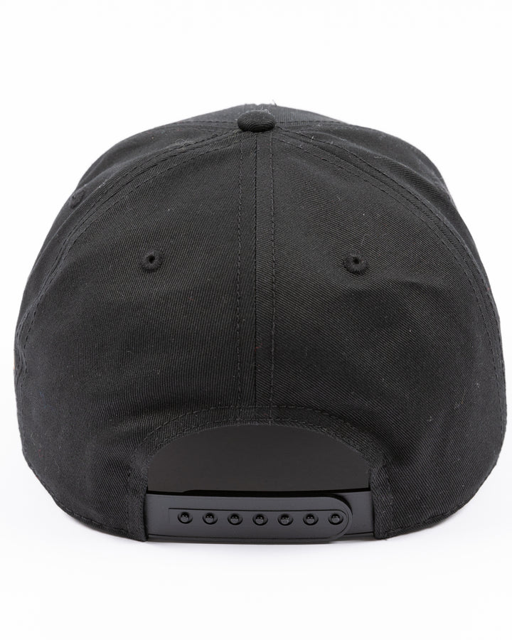 black American Needle adjustable Roscoe hat with upside down Chicago wordmark embroidered on front and Chicago Blackhawks primary logo embroidered on left side - back lay flat