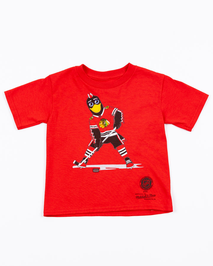 red Mitchell &amp; Ness toddler short sleeve tee with Chicago Blackhawks mascot Tommy Hawk on front - front lay flat