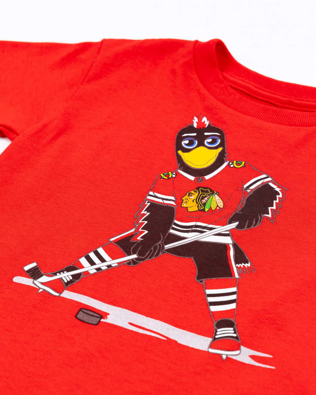 red Mitchell &amp; Ness toddler short sleeve tee with Chicago Blackhawks mascot Tommy Hawk on front - front detail lay flat