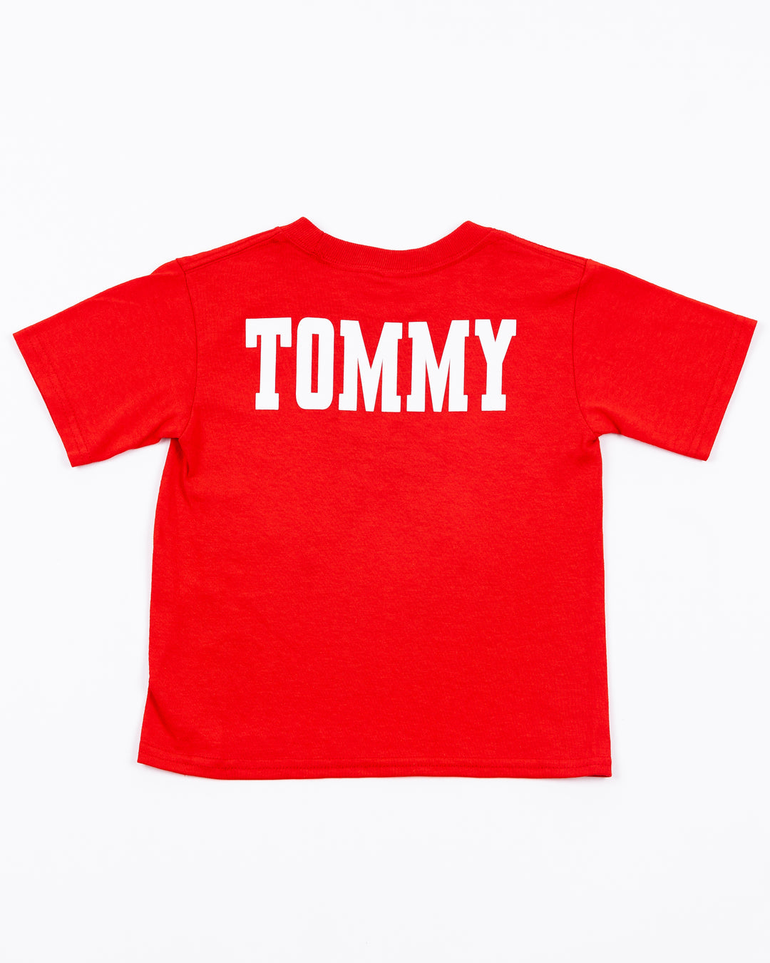 red Mitchell &amp; Ness toddler short sleeve tee with Chicago Blackhawks mascot Tommy Hawk on front - back lay flat