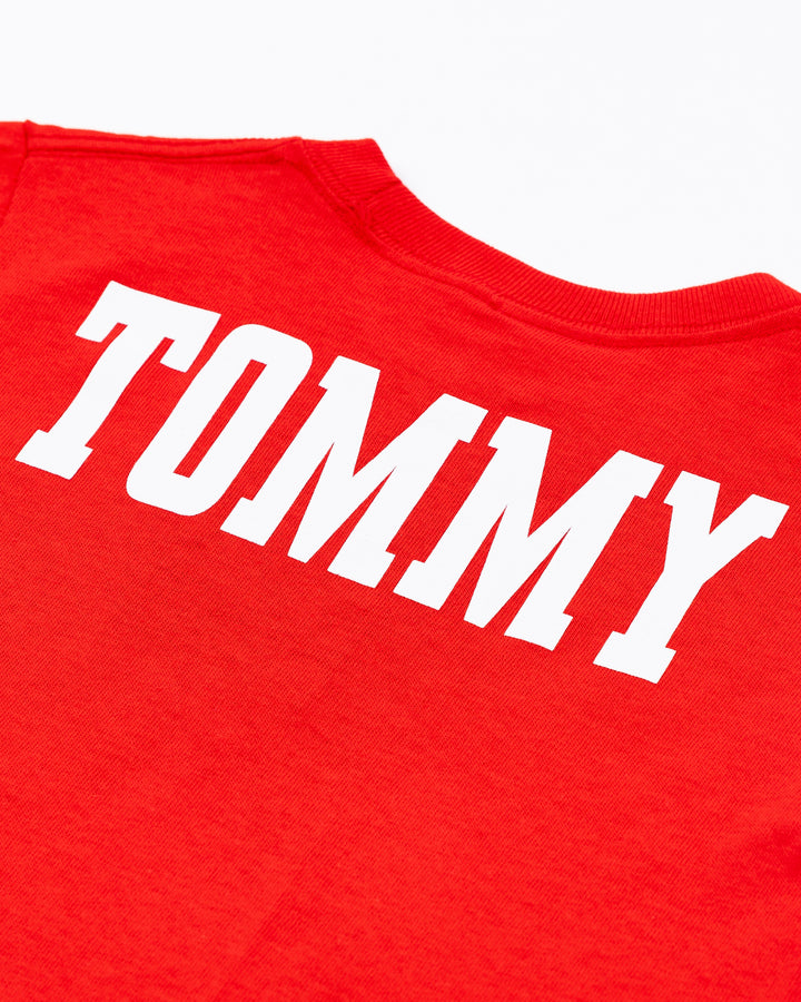 red Mitchell &amp; Ness toddler short sleeve tee with Chicago Blackhawks mascot Tommy Hawk on front - back detail lay flat