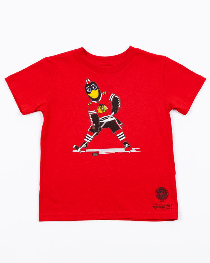red Mitchell &amp; Ness kids short sleeve tee with Chicago Blackhawks mascot Tommy Hawk on front - front lay flat