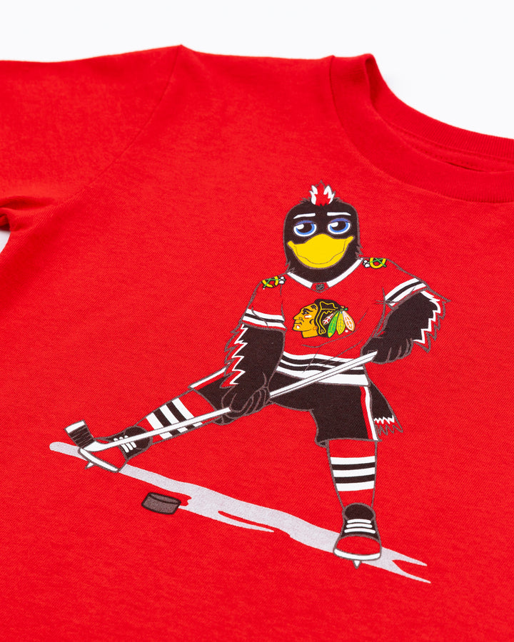red Mitchell &amp; Ness kids short sleeve tee with Chicago Blackhawks mascot Tommy Hawk on front - front detail lay flat