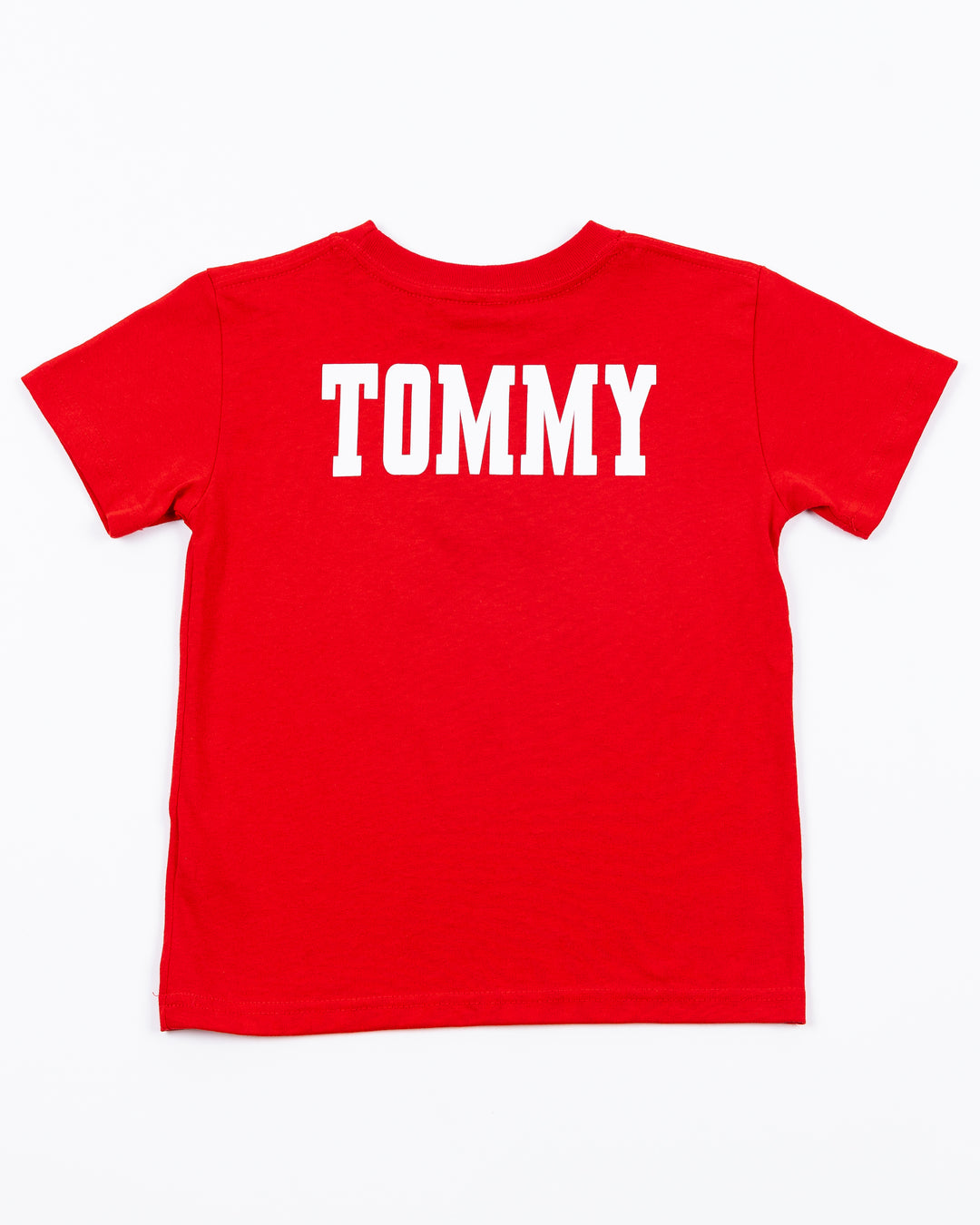 red Mitchell &amp; Ness kids short sleeve tee with Chicago Blackhawks mascot Tommy Hawk on front - back lay flat