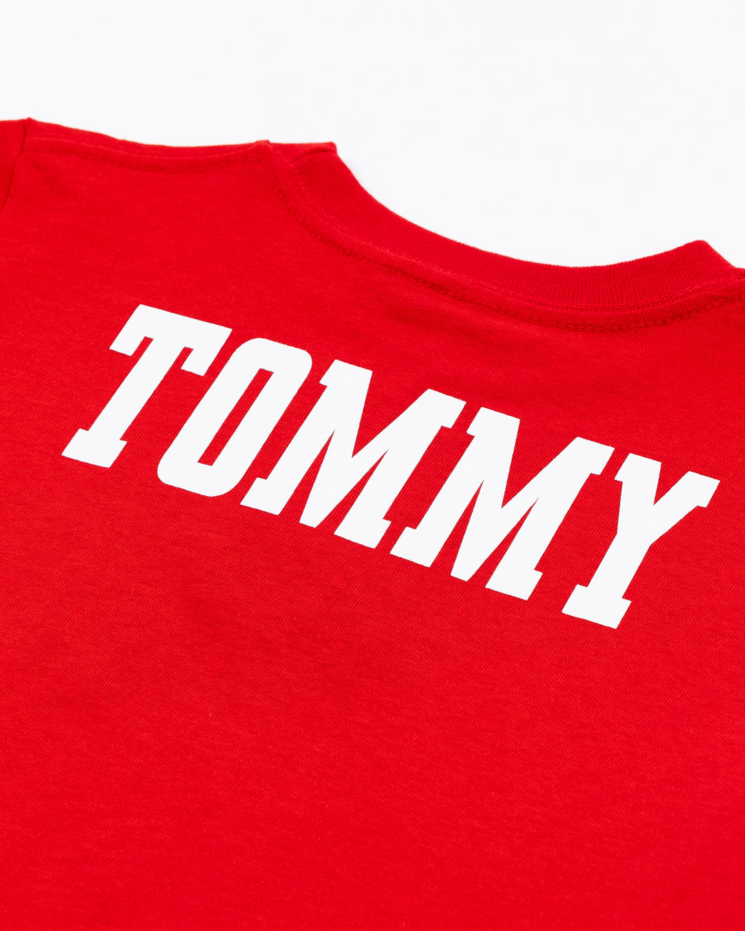 red Mitchell &amp; Ness kids short sleeve tee with Chicago Blackhawks mascot Tommy Hawk on front - back detail  lay flat