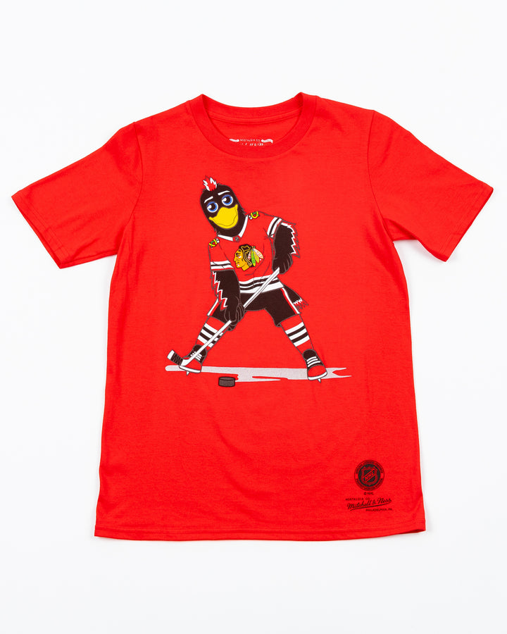 red Mitchell &amp; Ness youth short sleeve tee with Chicago Blackhawks mascot Tommy Hawk on front - front lay flat