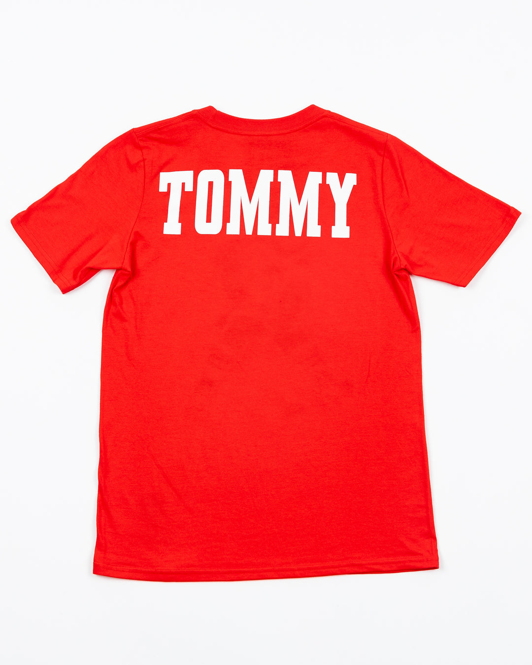 red Mitchell &amp; Ness youth short sleeve tee with Chicago Blackhawks mascot Tommy Hawk on front - back lay flat