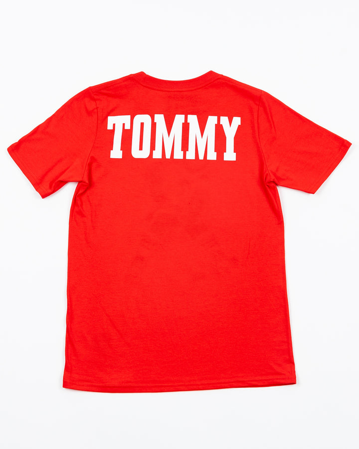 red Mitchell &amp; Ness youth short sleeve tee with Chicago Blackhawks mascot Tommy Hawk on front - back lay flat