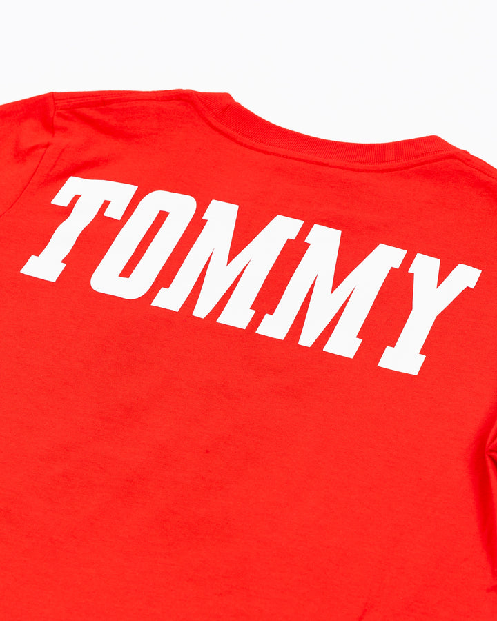 red Mitchell &amp; Ness youth short sleeve tee with Chicago Blackhawks mascot Tommy Hawk on front - back detail  lay flat