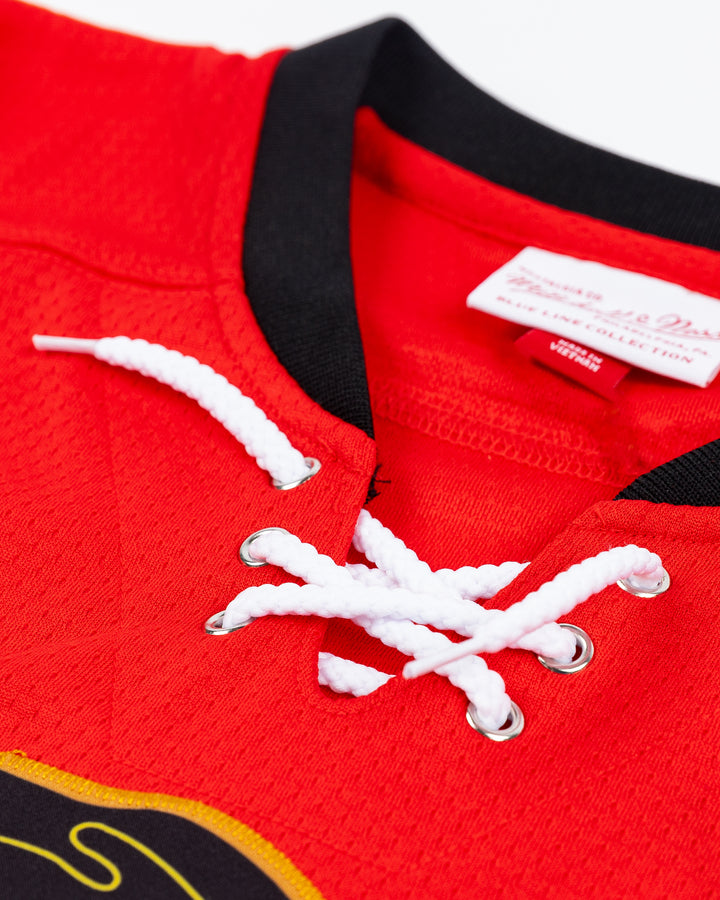 red Mitchell &amp; Ness youth throwback Stan Mikita jersey - neckline detail lay flat