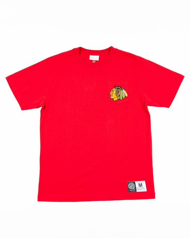 red Mitchell &amp; Ness short sleeve tee with Chicago Blackhawks primary logo on left chest pocket - front lay flat