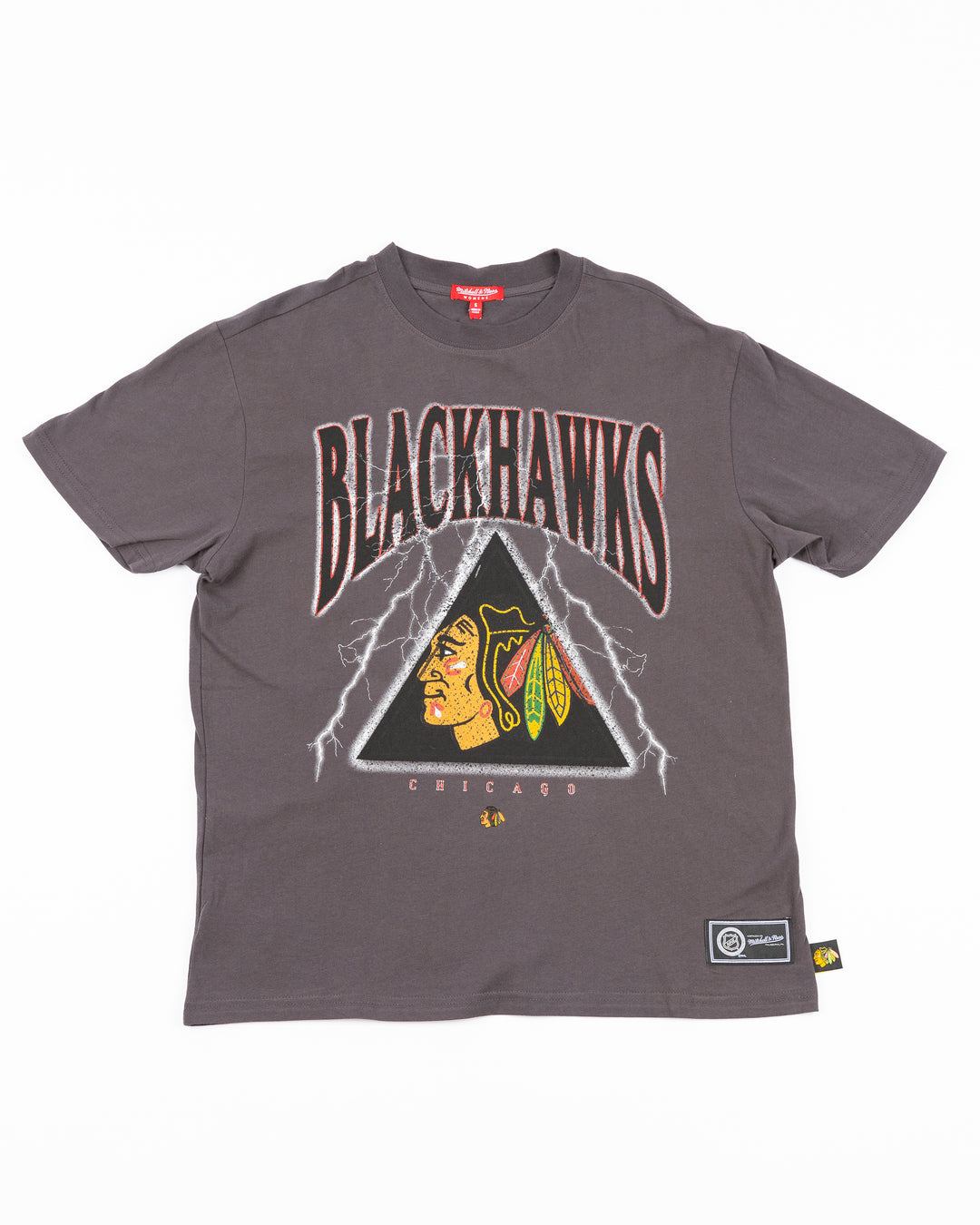 grey Mitchell & Ness oversized women's tee with Chicago Blackhawks wordmark and primary logo rock inspired design on front - front lay flat