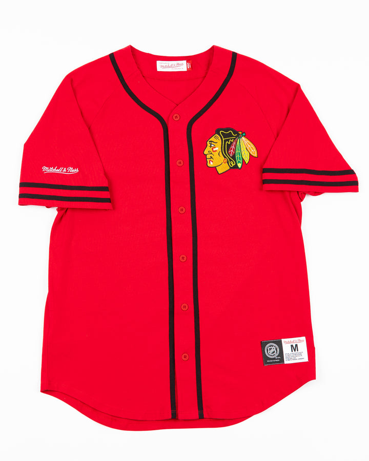 red Mitchell &amp; Ness baseball-inspired button shirt with Chicago Blackhawks primary logo embroidered on left chest - front lay flat