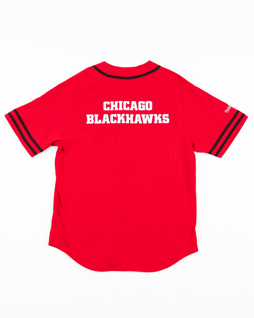 red Mitchell & Ness baseball-inspired button shirt with Chicago Blackhawks primary logo embroidered on left chest - back lay flat