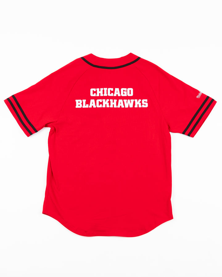red Mitchell &amp; Ness baseball-inspired button shirt with Chicago Blackhawks primary logo embroidered on left chest - back lay flat