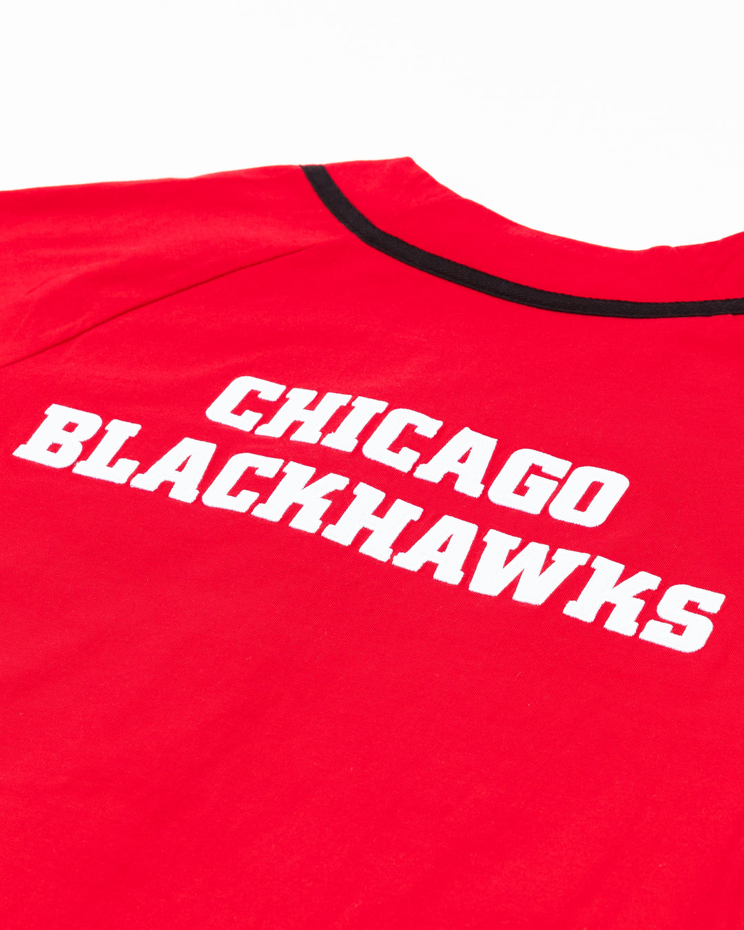 red Mitchell &amp; Ness baseball-inspired button shirt with Chicago Blackhawks primary logo embroidered on left chest - back detail lay flat