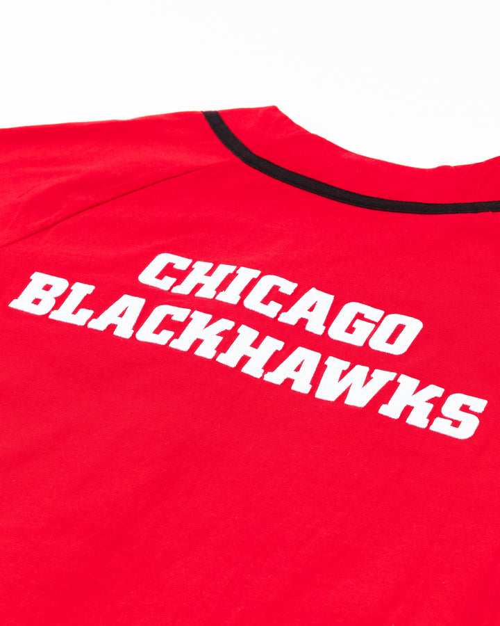 red Mitchell &amp; Ness baseball-inspired button shirt with Chicago Blackhawks primary logo embroidered on left chest - back detail lay flat