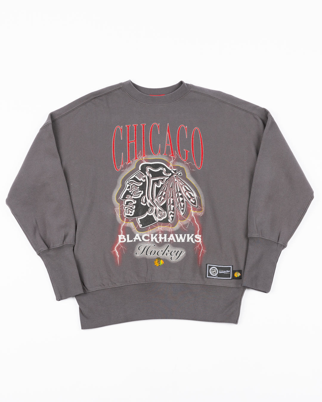 grey Mitchell & Ness women's cropped crewneck sweater with Chicago Blackkhawks wordmark and primary logo rock design on front - front lay flat