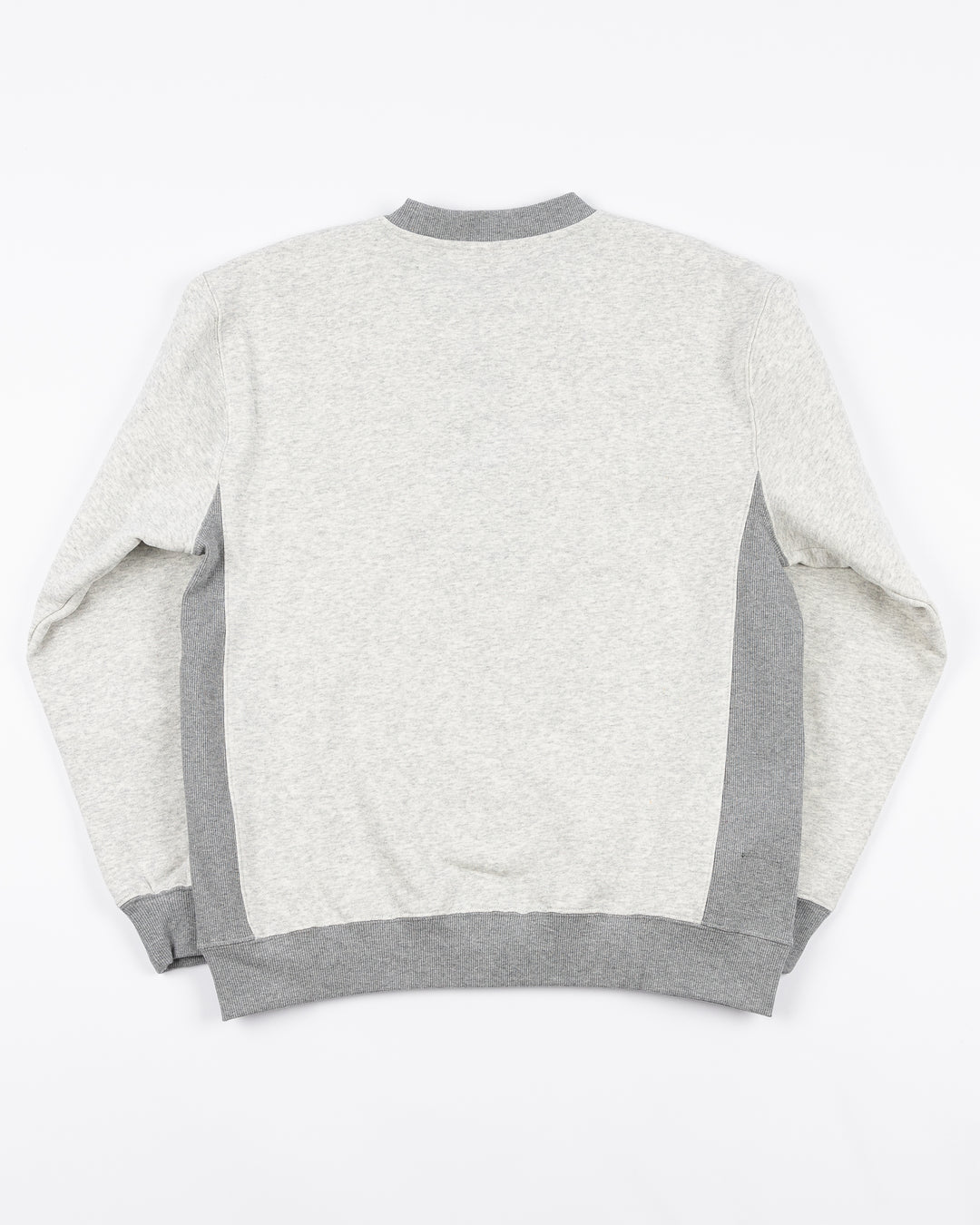 grey Mitchell &amp; Ness crewneck with Chicago Blackhawks collegiate-inspired wordmark and primary logo on front - back lay flat