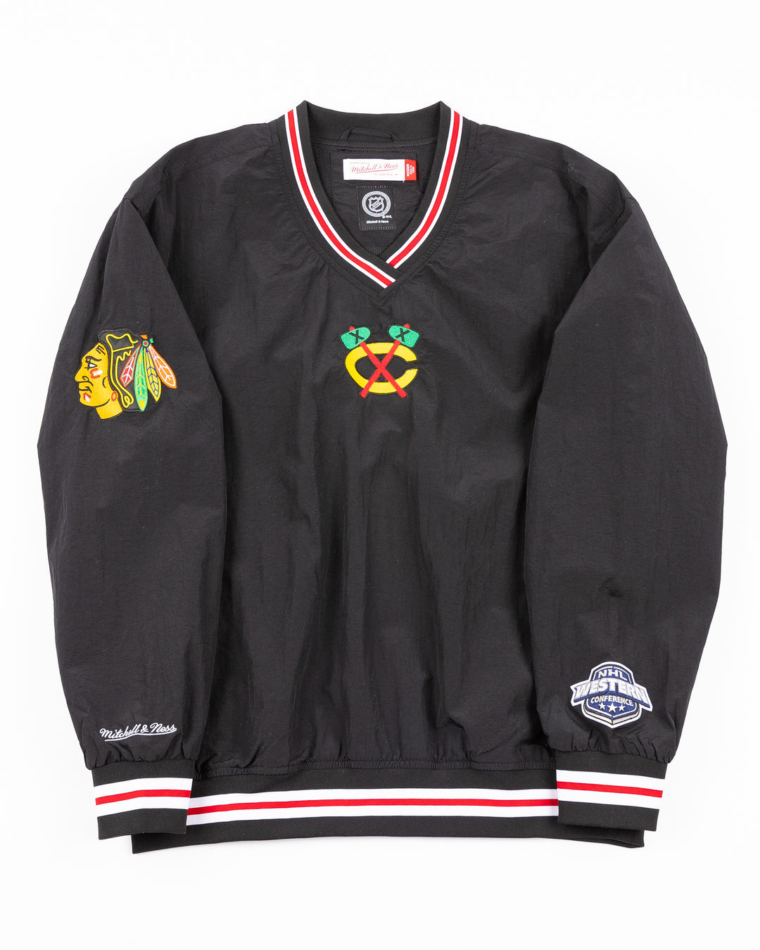 black Mitchell & Ness pullover windbreaker with Chicago Blackhawks secondary logo on front and primary logo on right shoulder and NHL Western Conference on left cuff - front lay flat