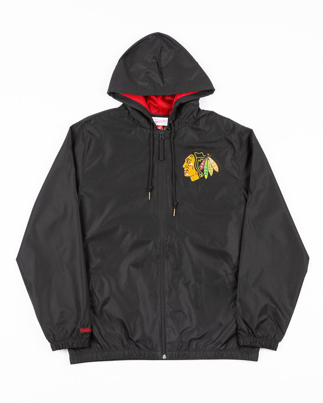 black Mitchell & Ness windbreaker jacket hoodie with Chicago Blackhawks primary logo embroidered on left chest  front lay flat