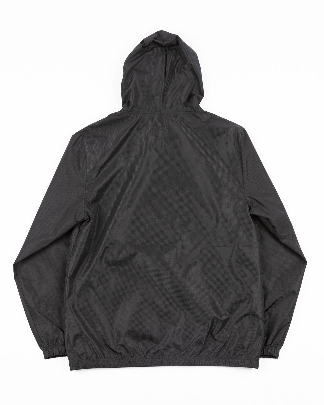black Mitchell &amp; Ness windbreaker jacket hoodie with Chicago Blackhawks primary logo embroidered on left chest  back lay flat
